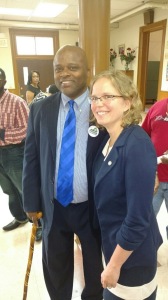 Virginia Organizing original photo / Marty Jackson, a leader in the Danville Chapter of Virginia Organizing, and Secretary of the Commonwealth Kelly Thomasson at the Restoration Celebration in Danville. 