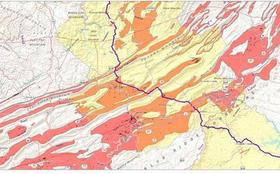 A study of the geology along the proposed Mountain Valley Pipeline route shows it would run through a fragile, karst "no-build zone." The karst is orange and pink here; the pipeline route is purple. (Kastning)